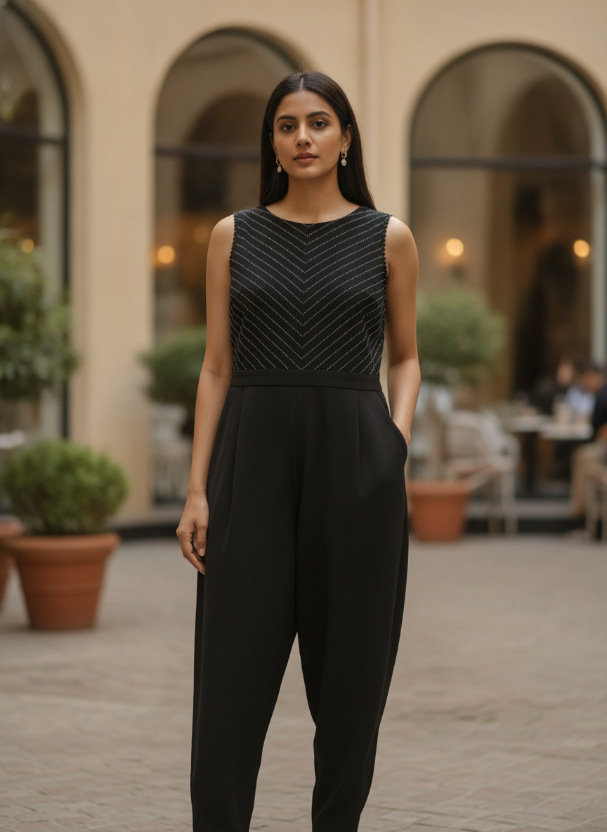 Black Sleeveless Jumpsuit with Chevron Print Top