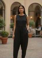 Black Sleeveless Jumpsuit with Chevron Print Top