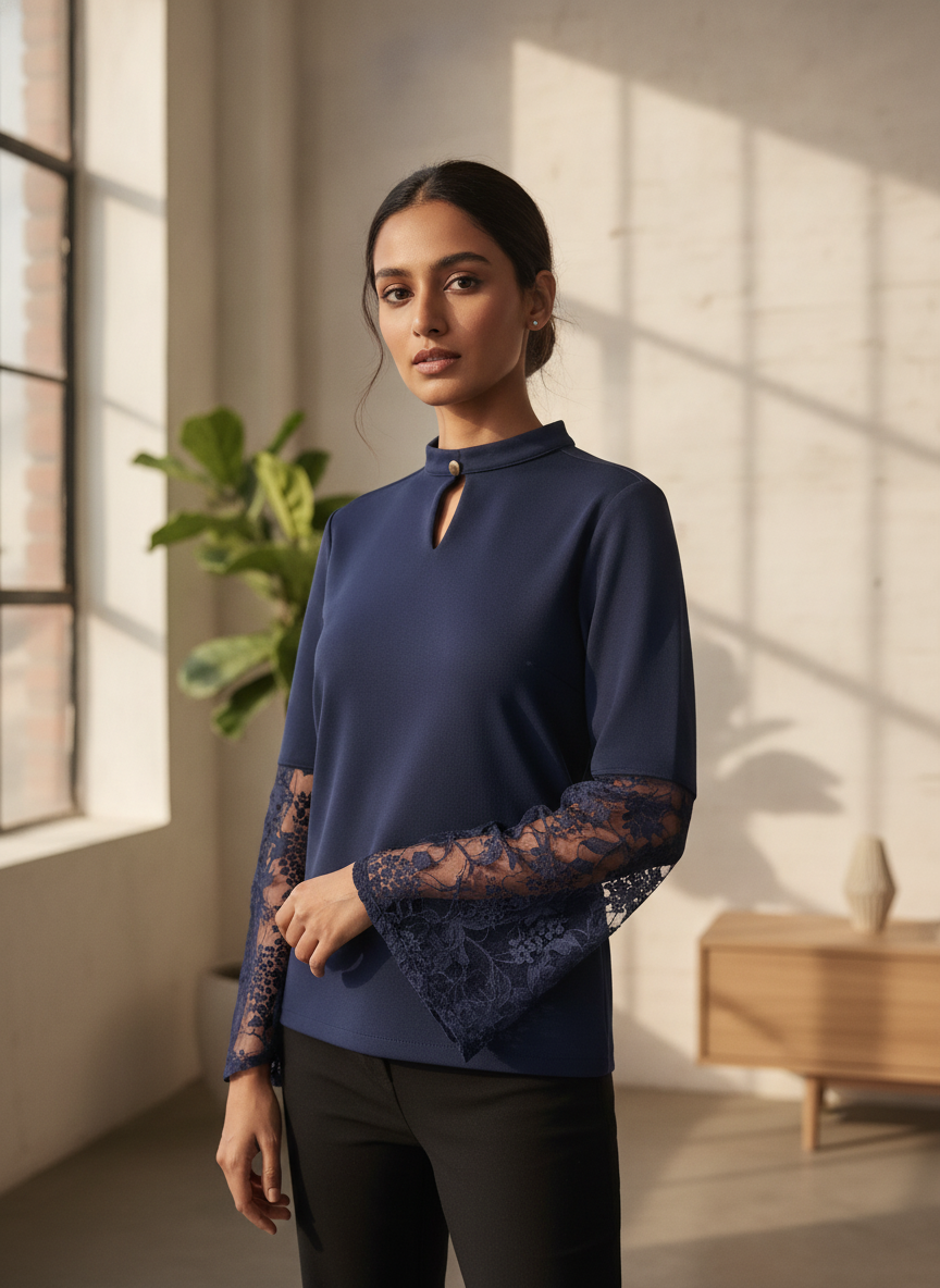 Navy Blue Embellished Top with Lace Bell Sleeves