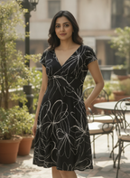 Black Abstract Printed V-Neck Dress