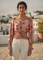Peach Floral Smocked Long Sleeve Top