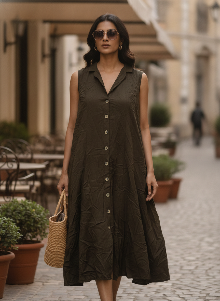 Dark Olive Solid Flared Sleeveless Button-Front Dress