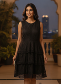 Women's Black Self-Design Lace Tiered Dress