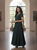 Dark Green Solid A-Line V-Neck Dress