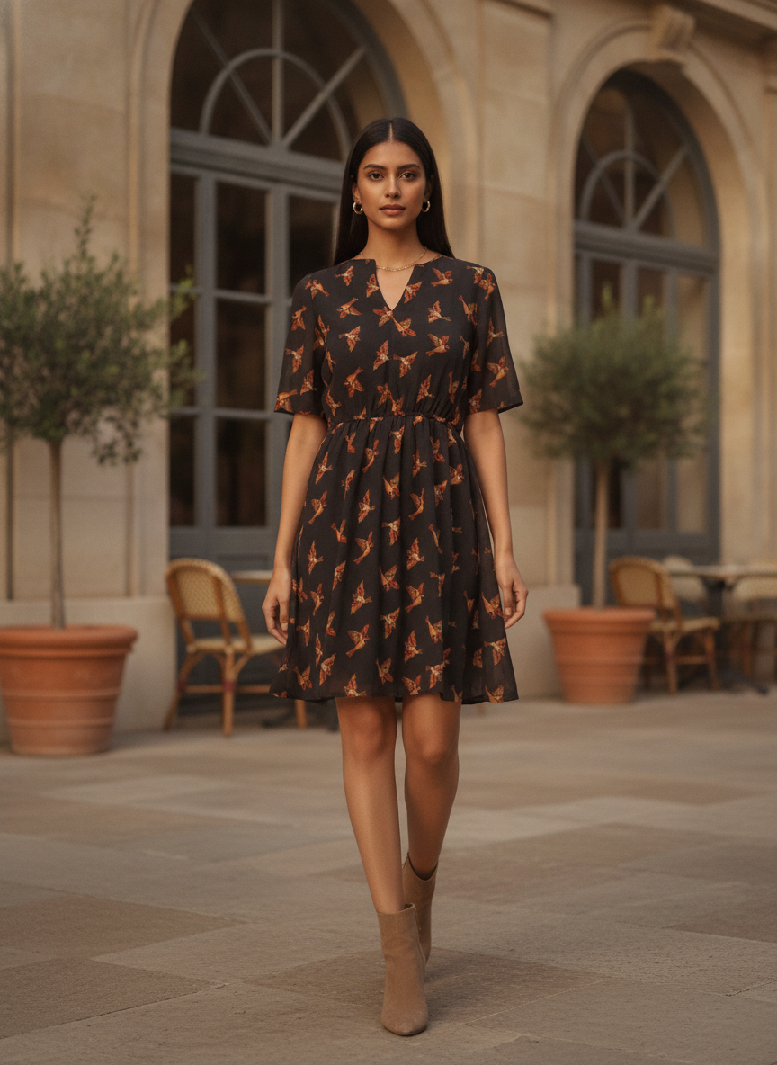 Charcoal Bird Print A-line Casual Dress