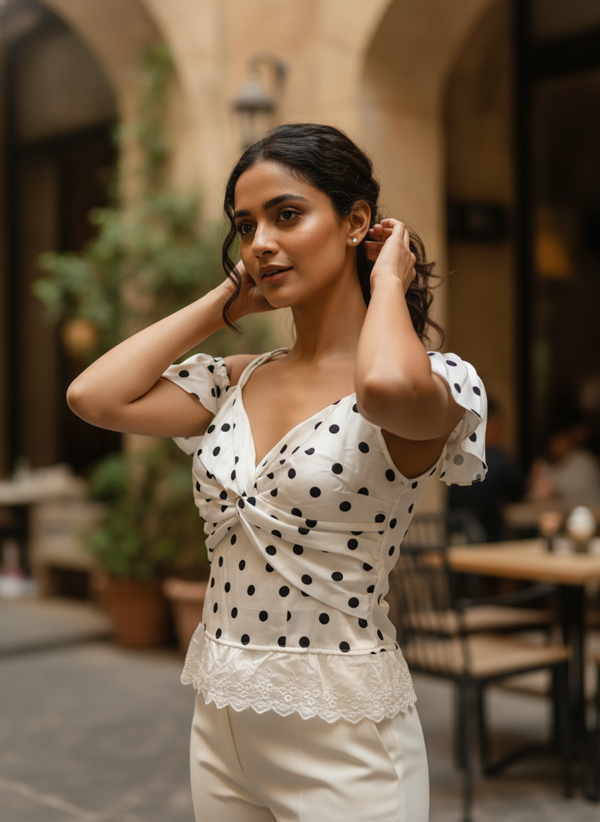 White Polka Dot Off-Shoulder Knotted Top with Lace Trim