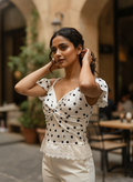 White Polka Dot Off-Shoulder Knotted Top with Lace Trim