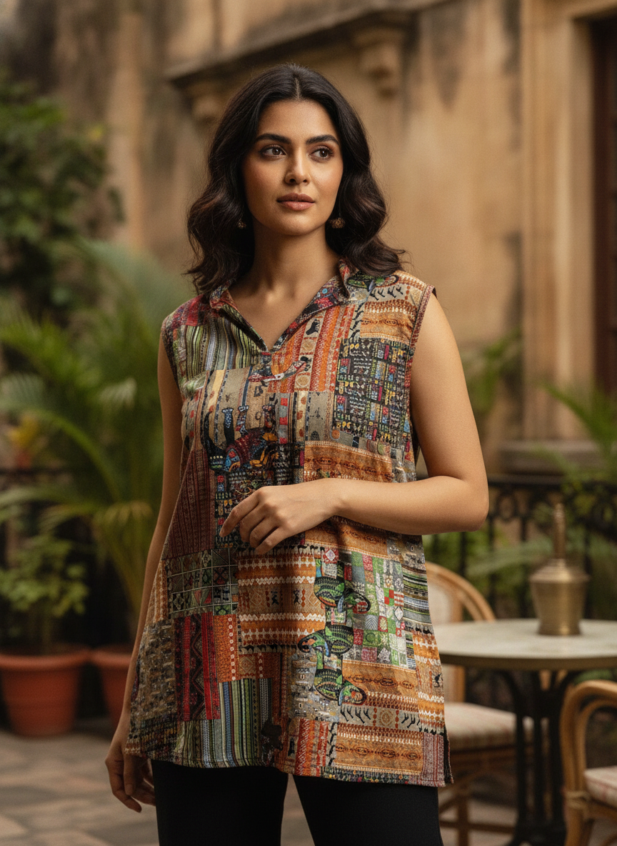 Women's Multi-Color Ethnic Print Sleeveless Kurti