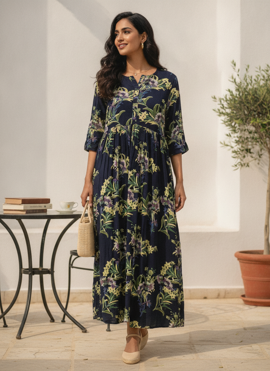 Dark Blue Floral Print Maxi Dress