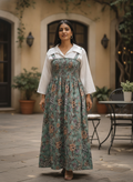 Women's Sea Green Floral Printed Shirred Maxi Dress