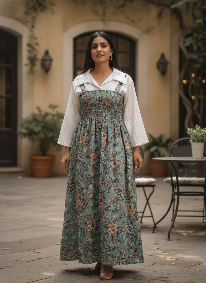 Women's Sea Green Floral Printed Shirred Maxi Dress