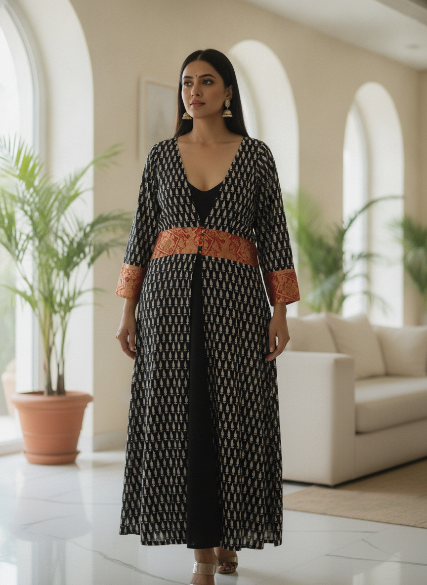 Black Printed Kurti with Orange Ethnic Border
