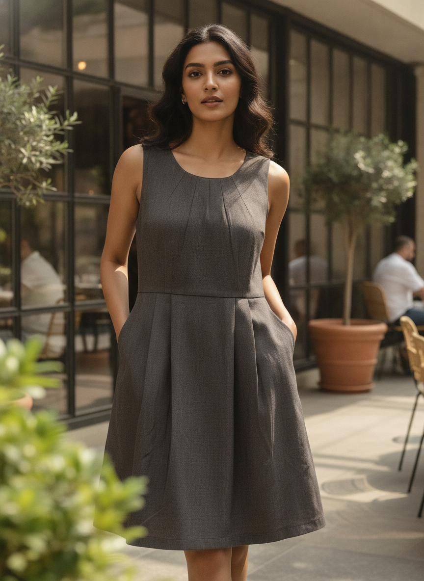 Charcoal Solid Regular Fit Sleeveless Dress