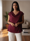 Women's Burgundy Cowl Neck Relaxed Fit Top