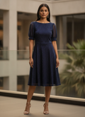 Women's Dark Blue Textured Shimmer A-Line Dress