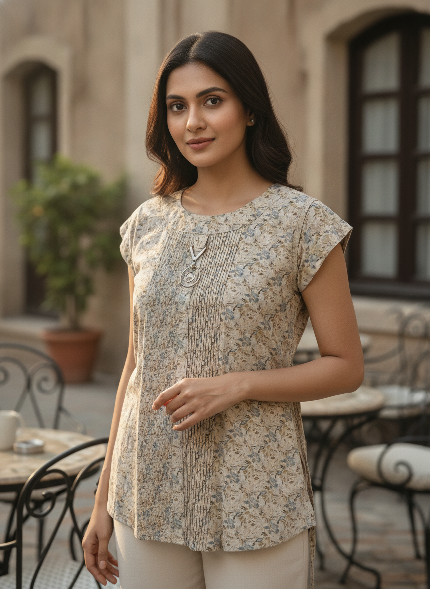 Beige Floral Print Regular Fit Top