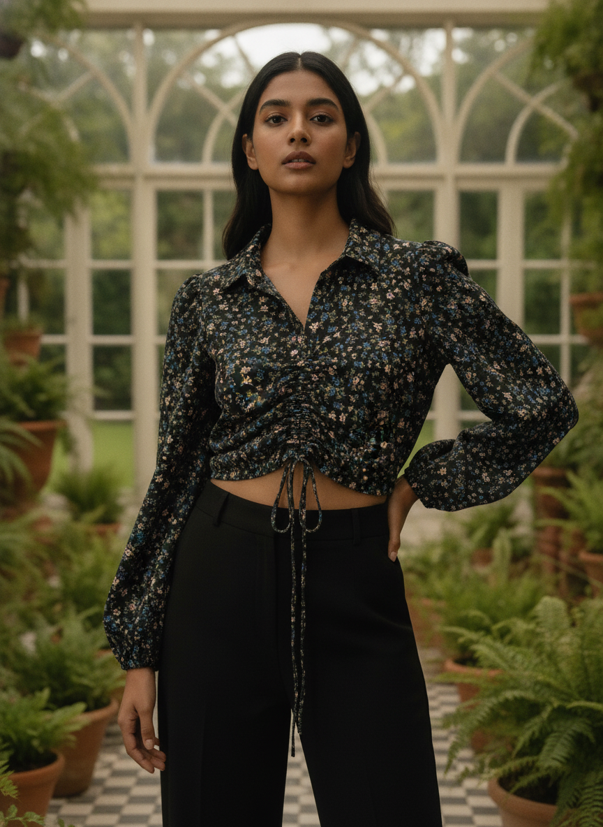 Women's Black Floral Print Collared Crop Top