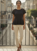Black Embellished Peplum Top with Lace Sleeves