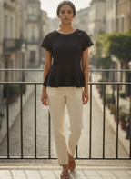 Black Embellished Peplum Top with Lace Sleeves