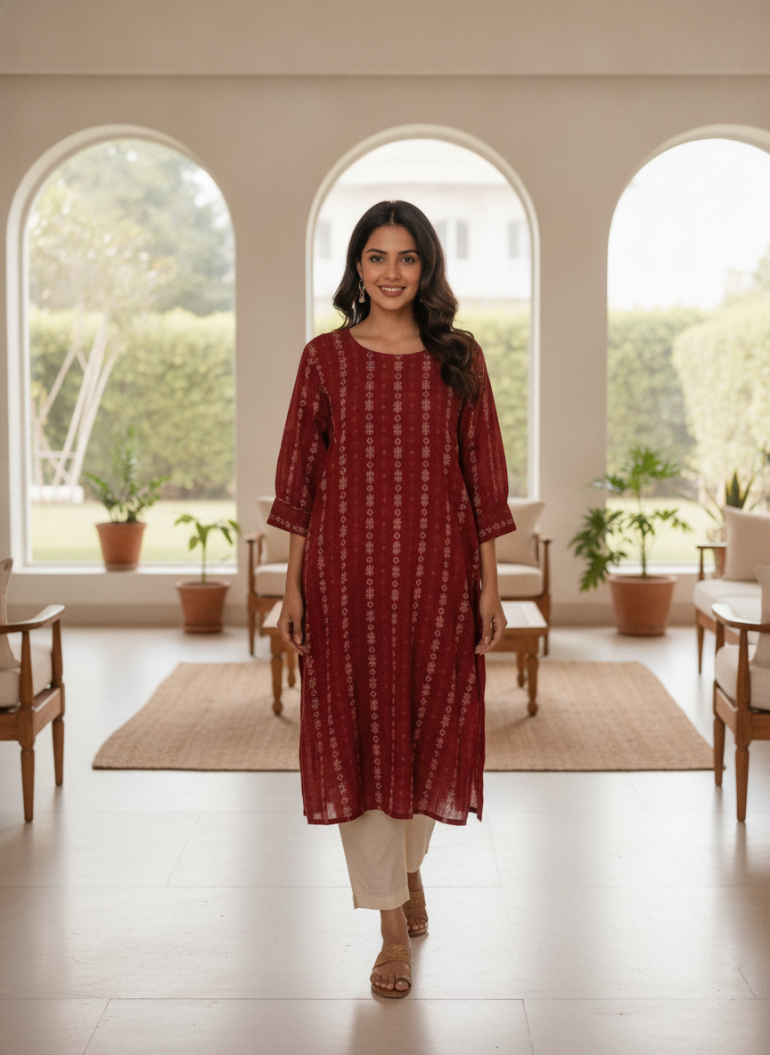 Maroon Ethnic Print Regular Fit Kurti