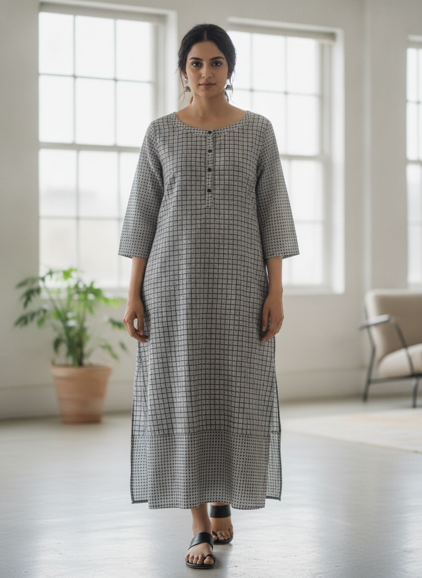 Women's Grey & Black Checkered Printed Relaxed Fit Kurti