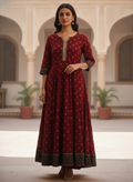 Wine Printed Flared Kurti with Embellished Neckline