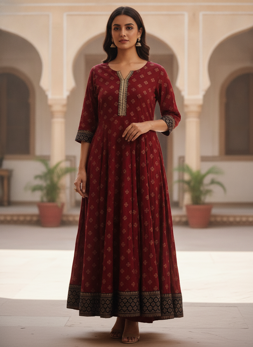 Wine Printed Flared Kurti with Embellished Neckline