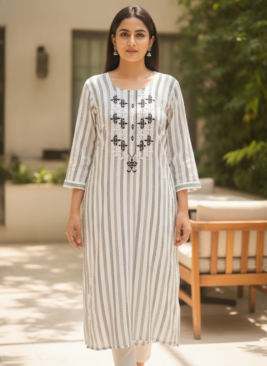 White Striped Embroidered Kurti