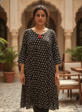 Black Printed Rayon Kurti with Tassel Detail