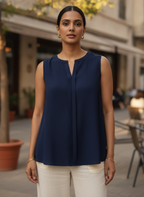Women's Dark Blue Solid Relaxed Fit Sleeveless Top