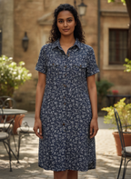 Dark Blue Floral Print Casual Shirt Dress