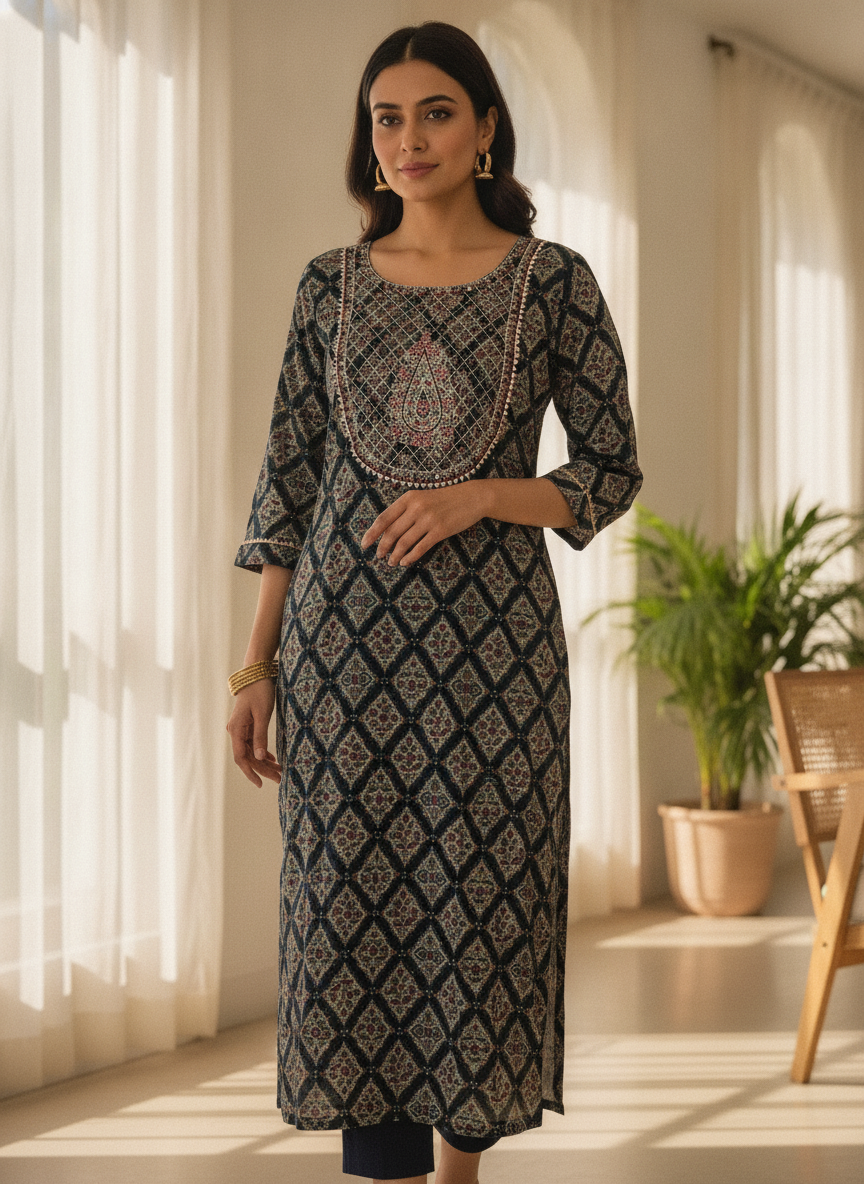 Women's Navy Ethnic Print Embellished Straight Kurti