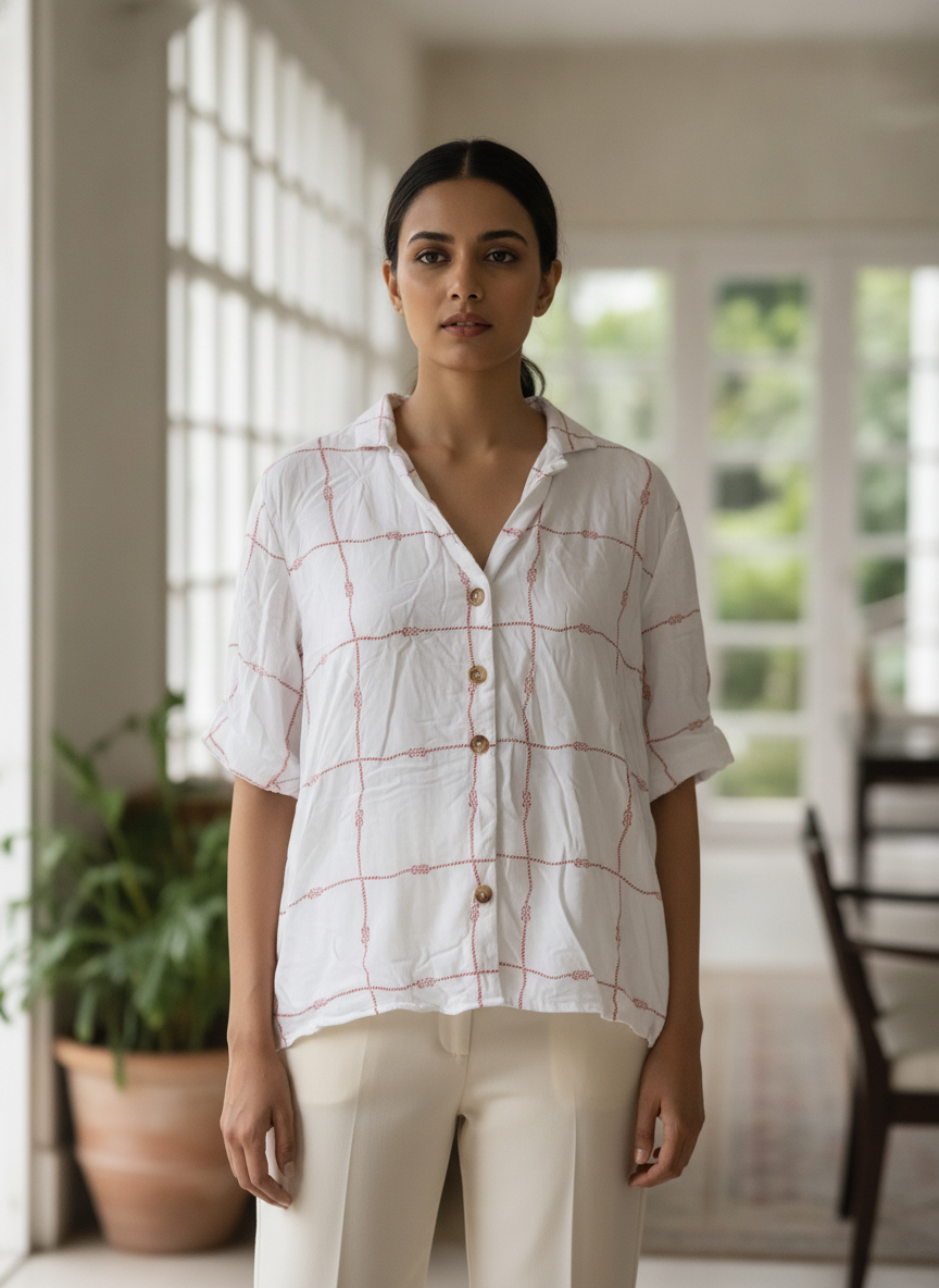 White & Red Knot-Grid Print Casual Shirt