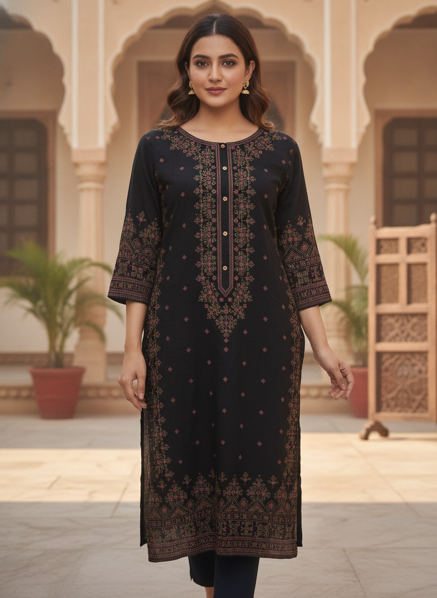 Black Ethnic Print Kurti
