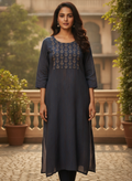 Dark Blue Embellished Cotton Blend Kurti