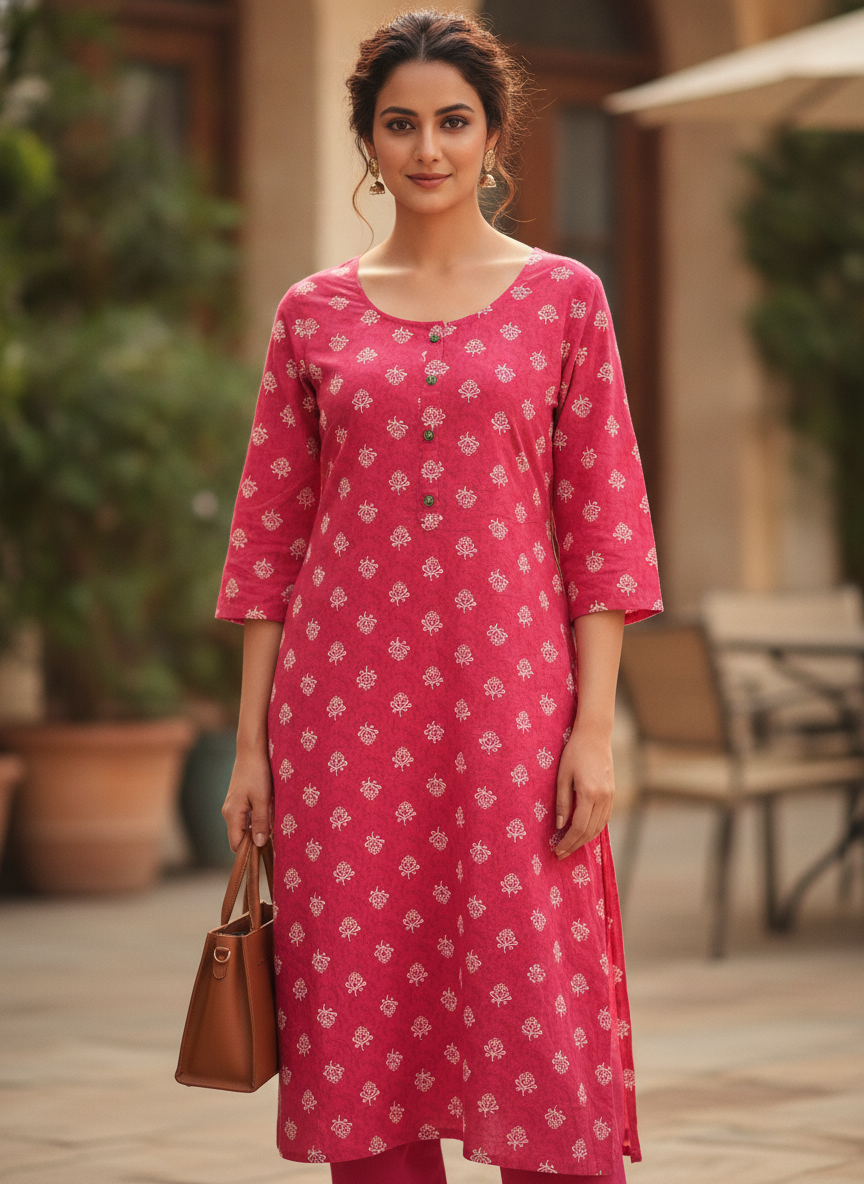 Pink Ethnic Print Cotton Kurti