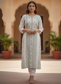 Women's White Ethnic Print Viscose Straight Kurti