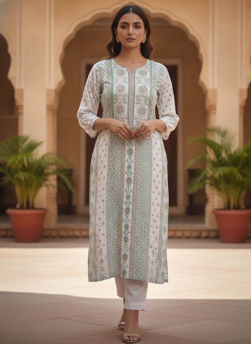 Women's White Ethnic Print Viscose Straight Kurti