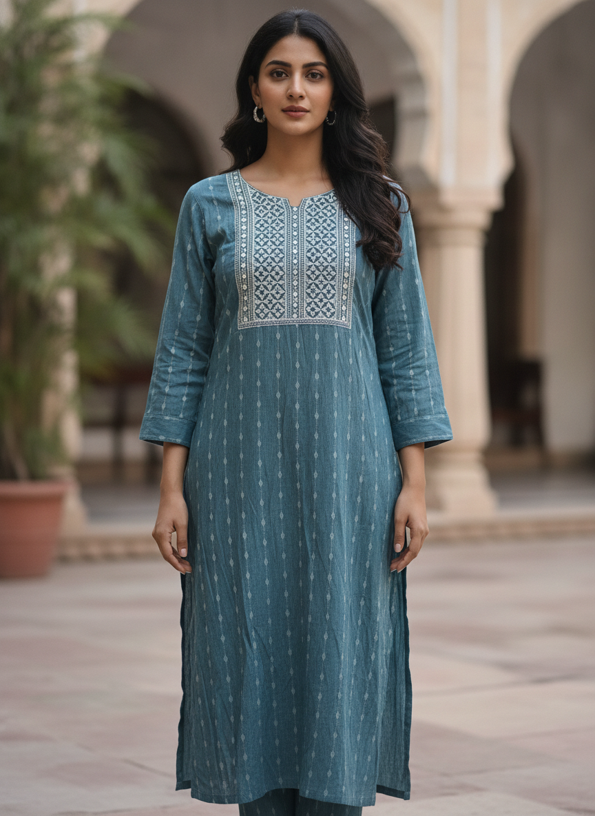 Teal Embellished Straight Fit Cotton Blend Kurti