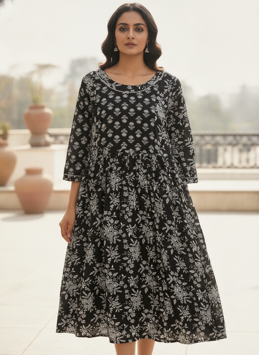 Black Printed Round Neck A-Line Dress
