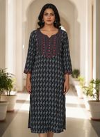 Dark Blue  Ethnic Print Kurti with Embellished Yoke