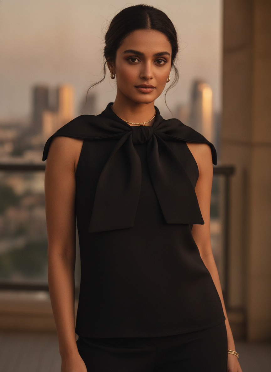 Black Solid Sleeveless Bow Neck Top
