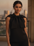 Black Solid Sleeveless Bow Neck Top