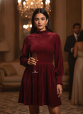 Women's Wine Textured Velvet Smocked Flared Dress