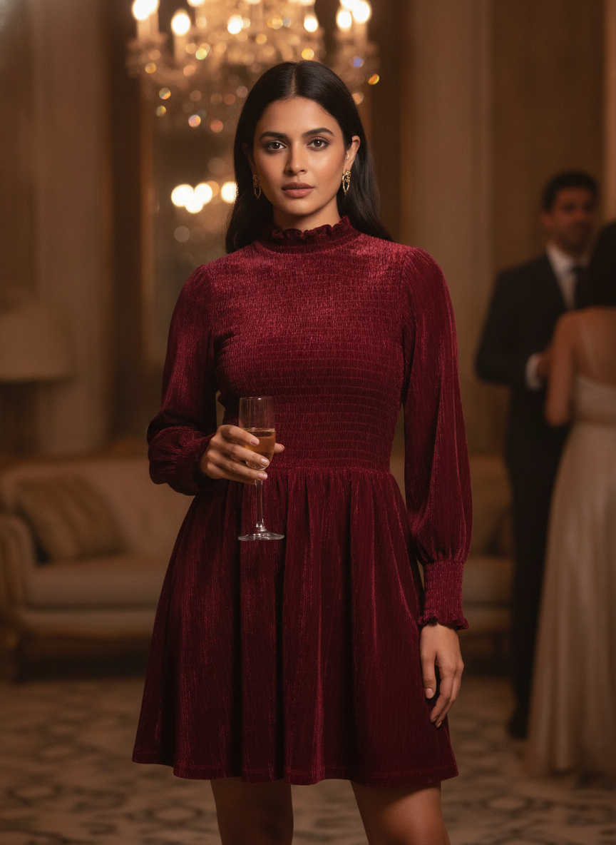 Women's Wine Textured Velvet Smocked Flared Dress