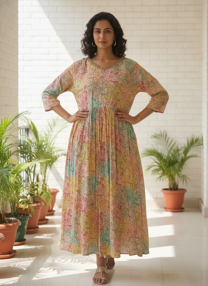 Multi-Color Botanical Print Embellished V-Neck Kurti