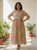 Multi-Color Botanical Print Embellished V-Neck Kurti