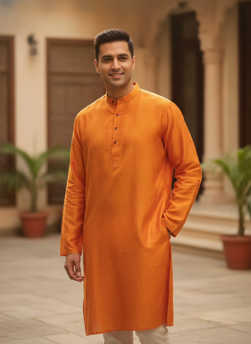 Men's Orange Solid Silk Kurta