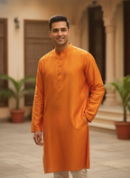 Men's Orange Solid Silk Kurta