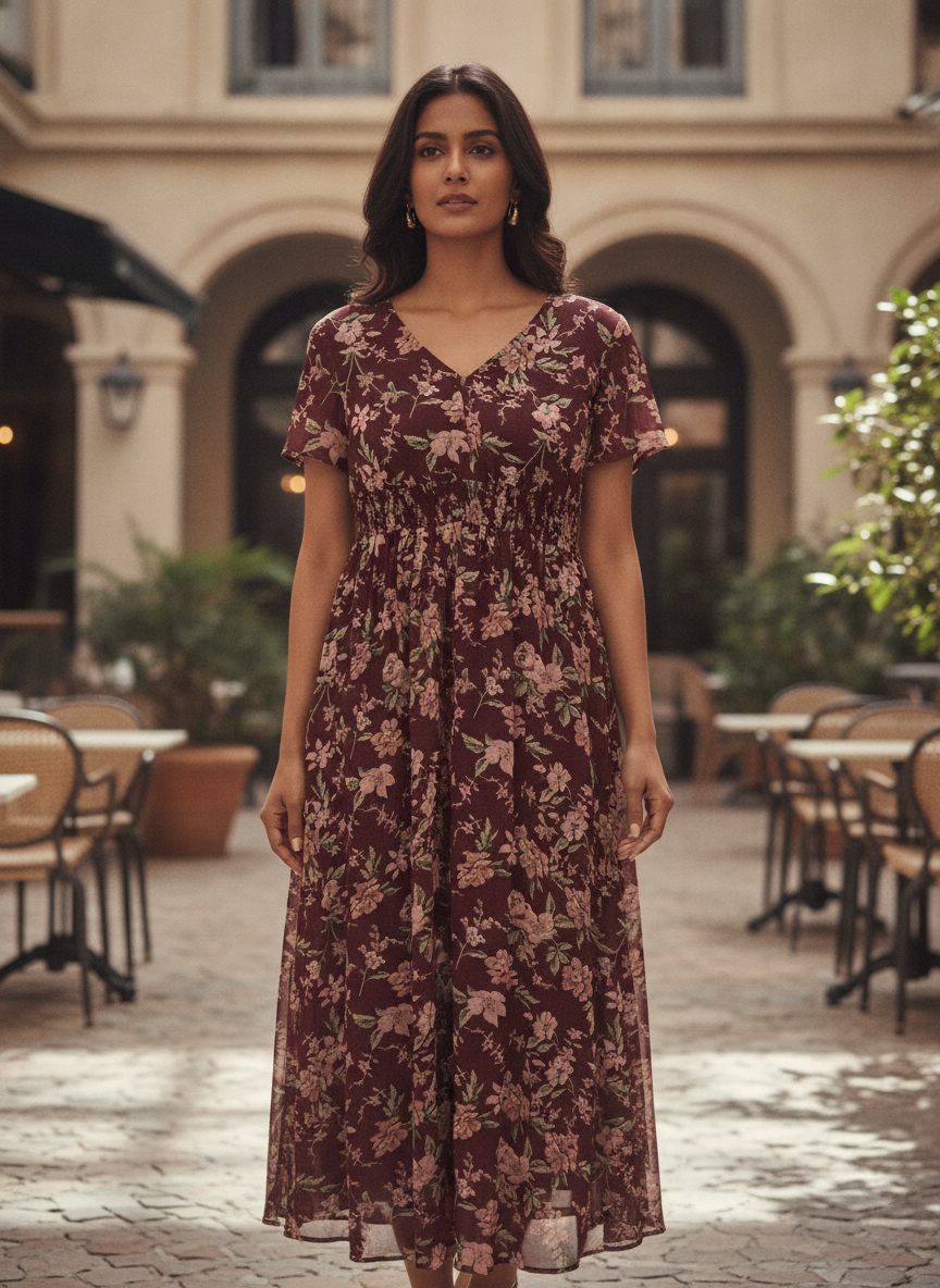 Women's Maroon Floral Printed V-Neck Midi Dress